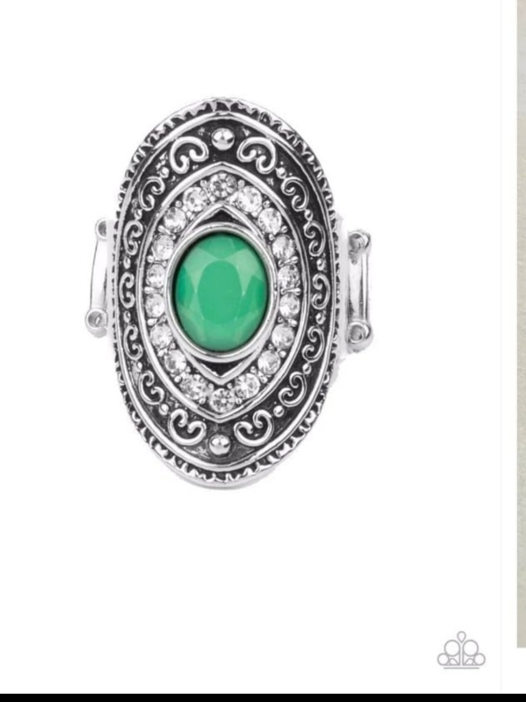 Entrancing Enchantment Silver-Tone Oval Ring With Green Cabochon Clear Accents